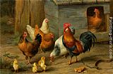 Chickens Canvas Paintings - A Cockerel with Chickens